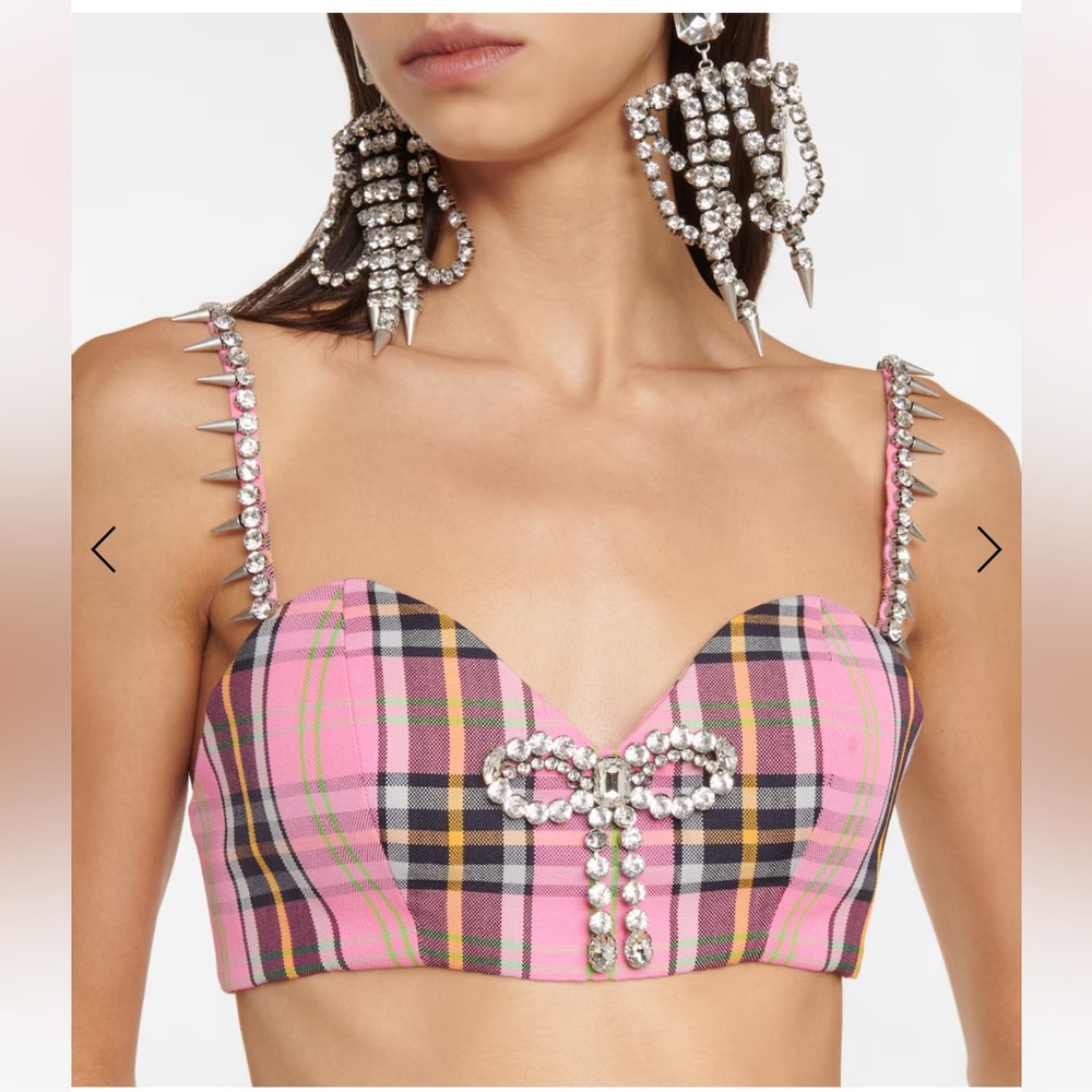 AREA Embellished cropped plaid corset top